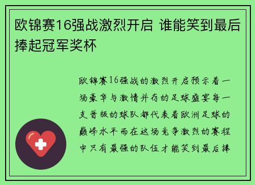 欧锦赛16强战激烈开启 谁能笑到最后捧起冠军奖杯