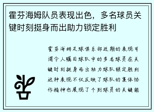 霍芬海姆队员表现出色，多名球员关键时刻挺身而出助力锁定胜利